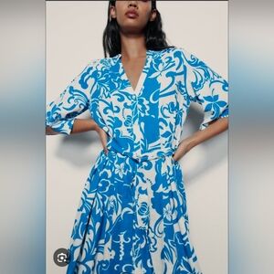 ZARA Linen Blend Blue & White Floral Kimono Shirt Dress Size Medium